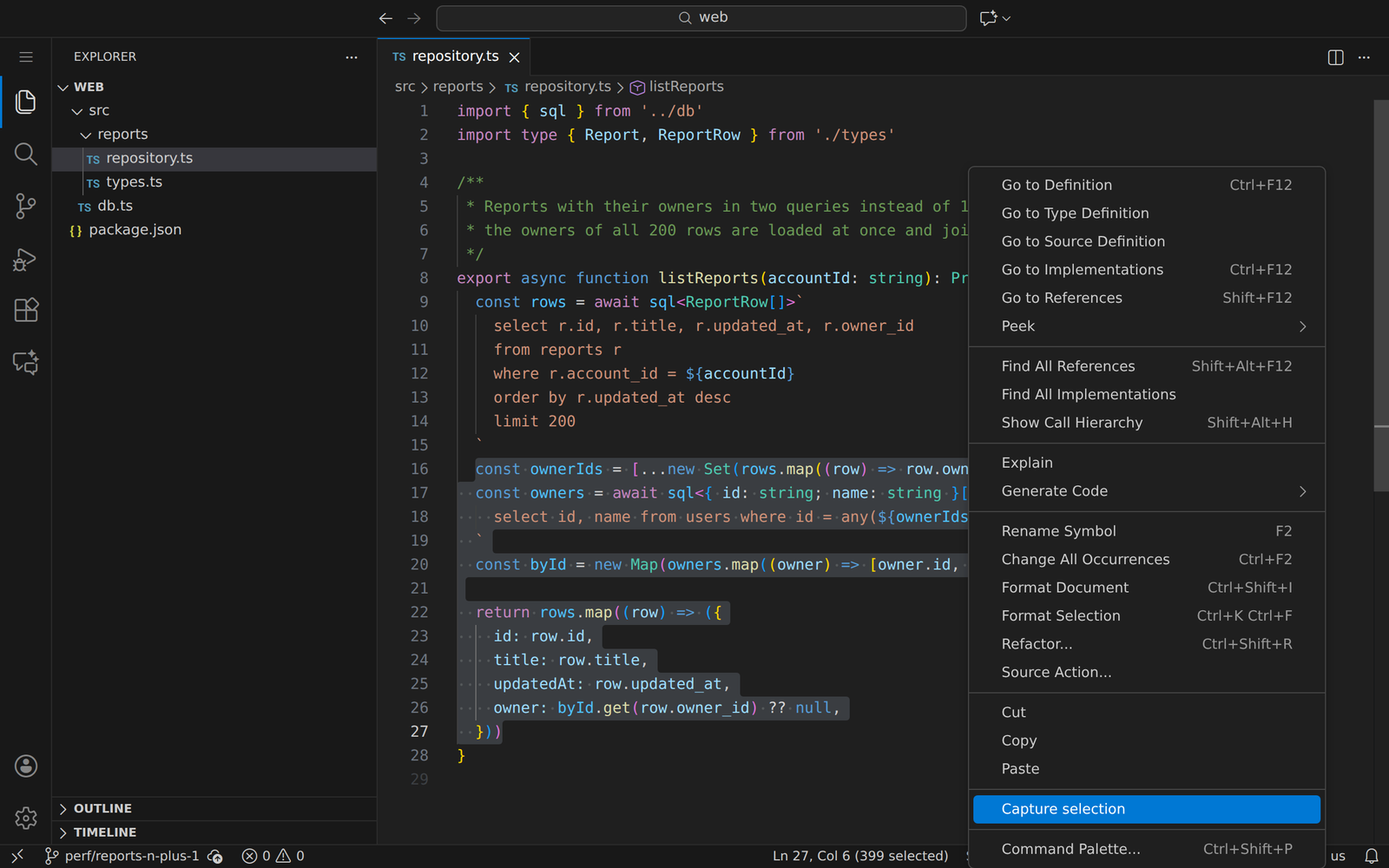 “Capture selection” in the editor context menu